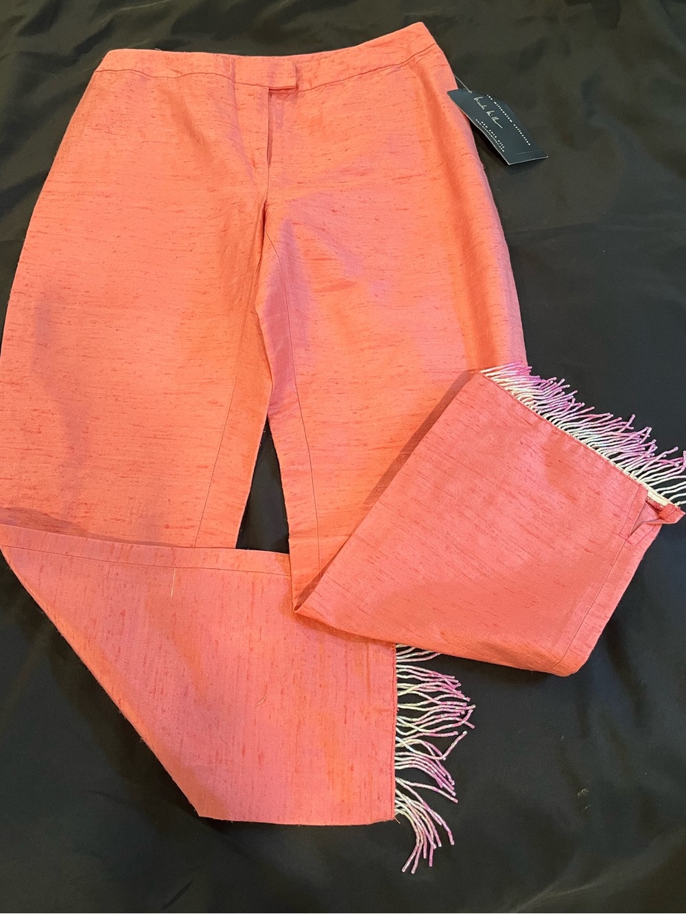 NWT*Nicole Miller Coral Pink Cropped Pants w Beaded  Fringe Hem Size 0 MSRP $275